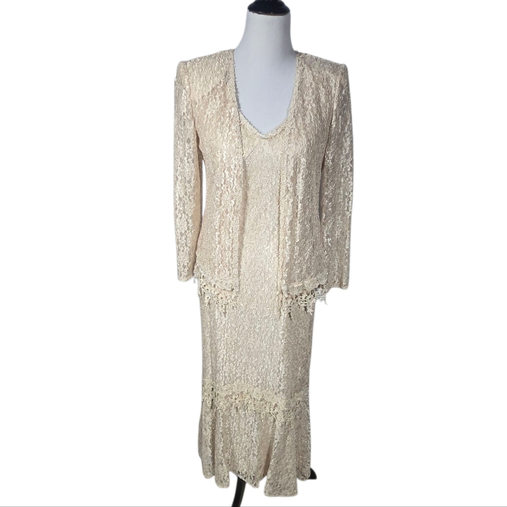 S.L. Fashions Size 10 Vintage Ivory Cream 2 Piece Lace Dress Jacket Ensemble